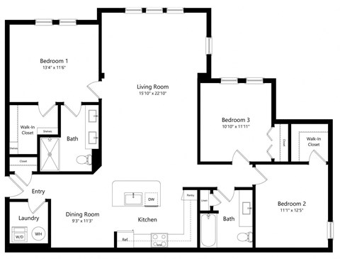 Floor plan for 3 beds, 2 baths, 1469 sqft